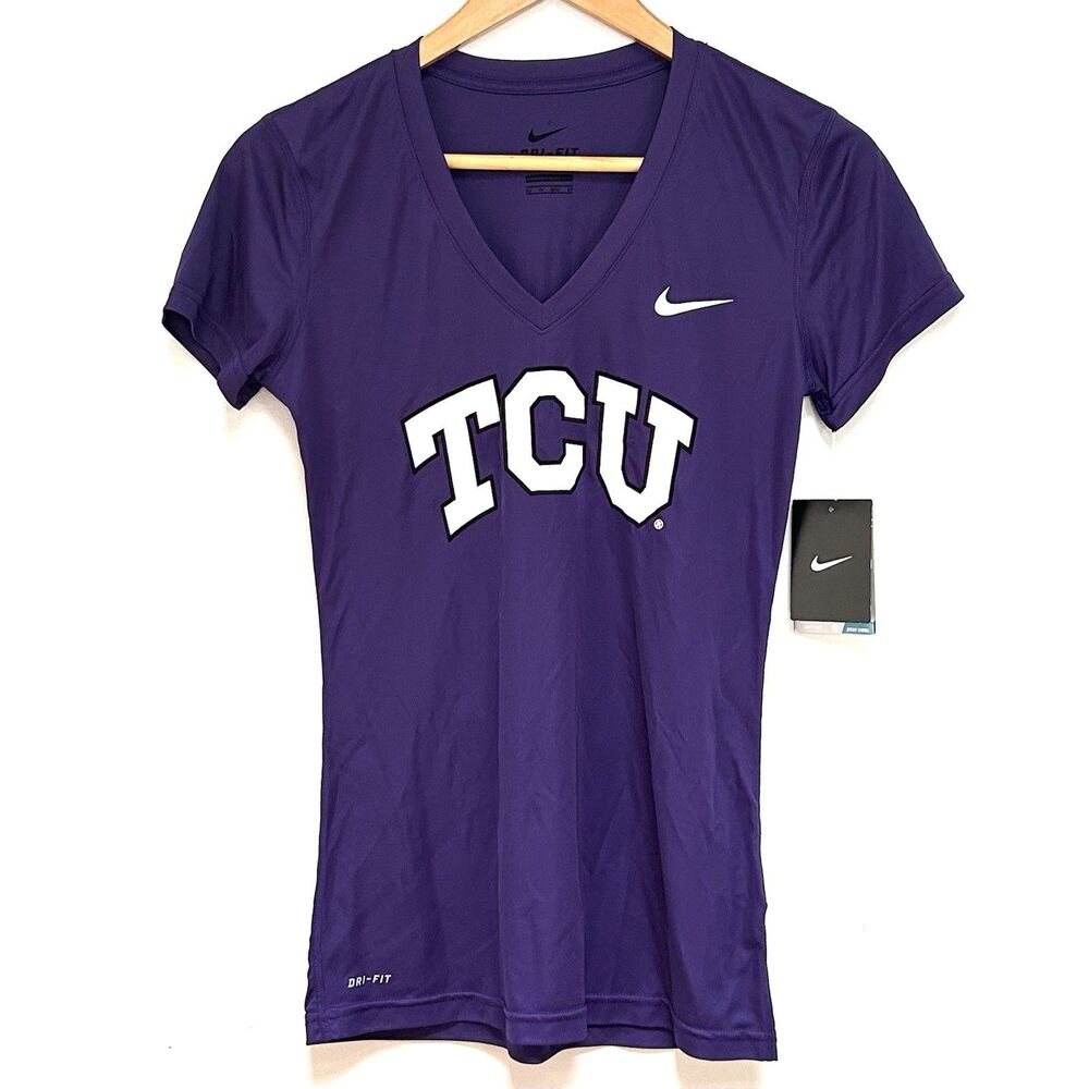 Nike Dri Fit TCU Horned Frogs V Neck Tee Purple XS NWT NCAA